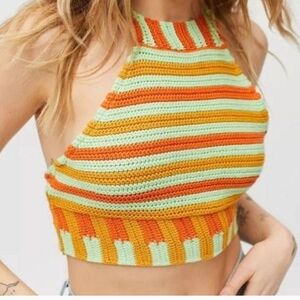 Urban Outfitters UO Seraphina Striped High Neck Knit Tank Top Sz S Orange Green